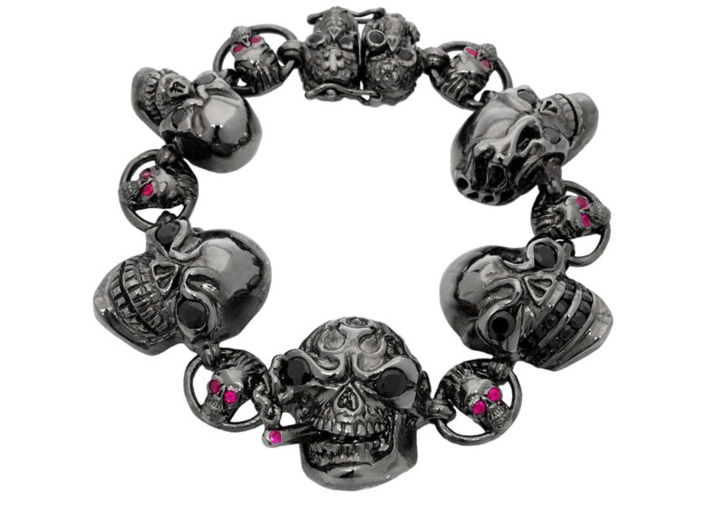 BR600-BK-BK Skull Jewelry Bracelet (Clasped) in Rhodium Plated Sterling Silver with Black Stones (Black Collection), designed by Steve Soffa