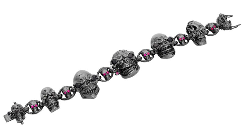 BR600-BK-BK Skull Jewelry Bracelet (Unclasped) in Rhodium Plated Sterling Silver with Black Stones (Black Collection), designed by Steve Soffa