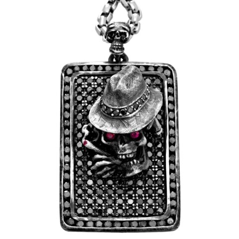 DT100-A The Gangster Skull Dog Tag in Sterling Silver with Black Diamonds and Rubies, designed by Steve Soffa