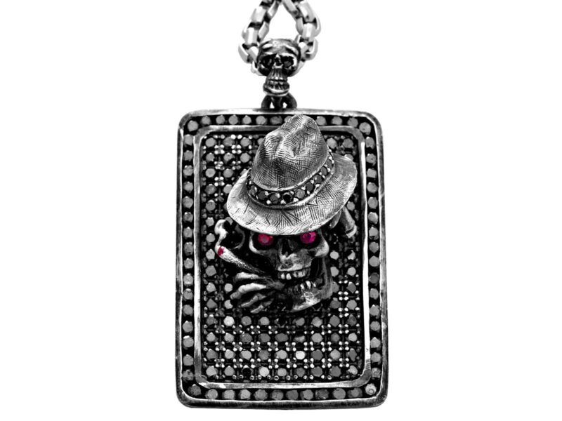 DT100-A The Gangster Skull Dog Tag in Sterling Silver with Black Diamonds and Rubies, designed by Steve Soffa