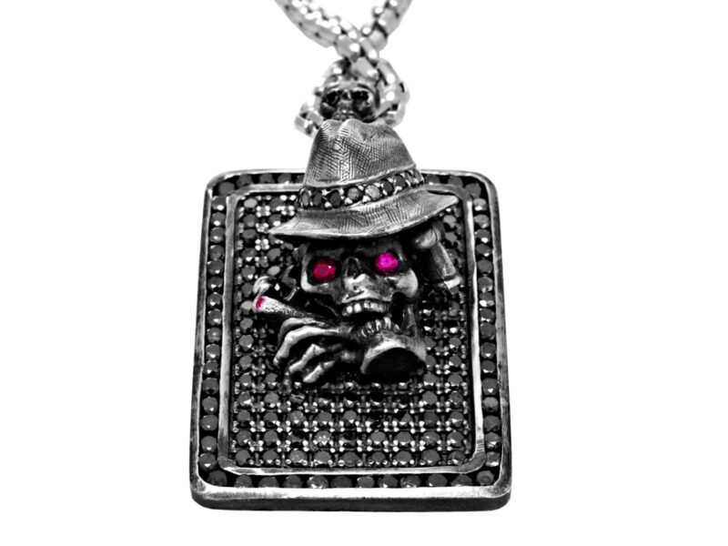 DT100-A The Gangster Skull Dog Tag in Sterling Silver with Black Diamonds and Rubies, designed by Steve Soffa