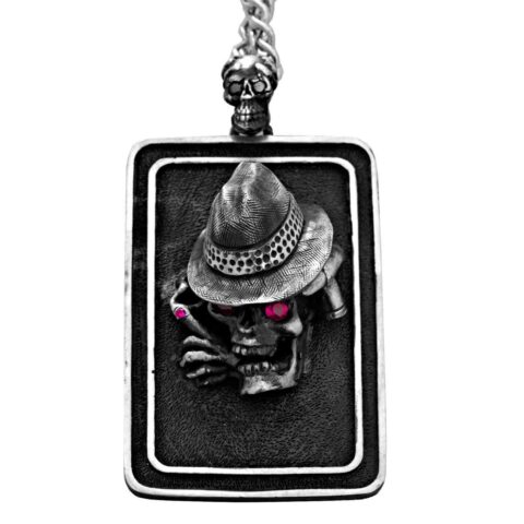 DT100-B The Gangster Skull Dog Tag in Sterling Silver with Rubies and Black Diamonds, designed by Steve Soffa