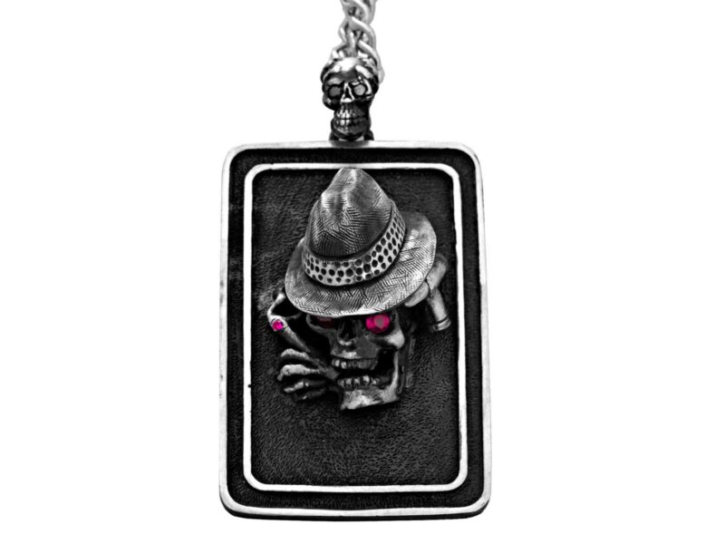 DT100-B The Gangster Skull Dog Tag in Sterling Silver with Rubies and Black Diamonds, designed by Steve Soffa