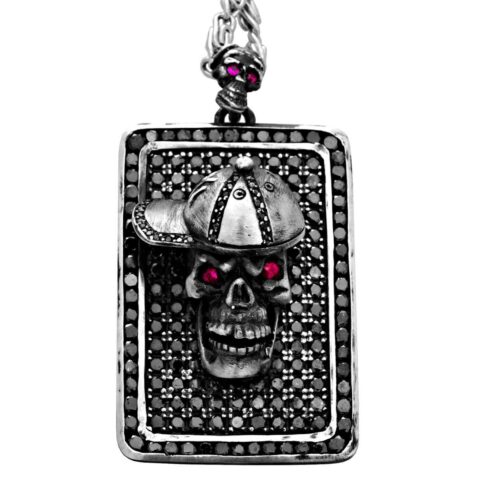 DT102-A The Player Skull Dog Tag in Sterling Silver with Black Diamonds and Rubies, designed by Steve Soffa