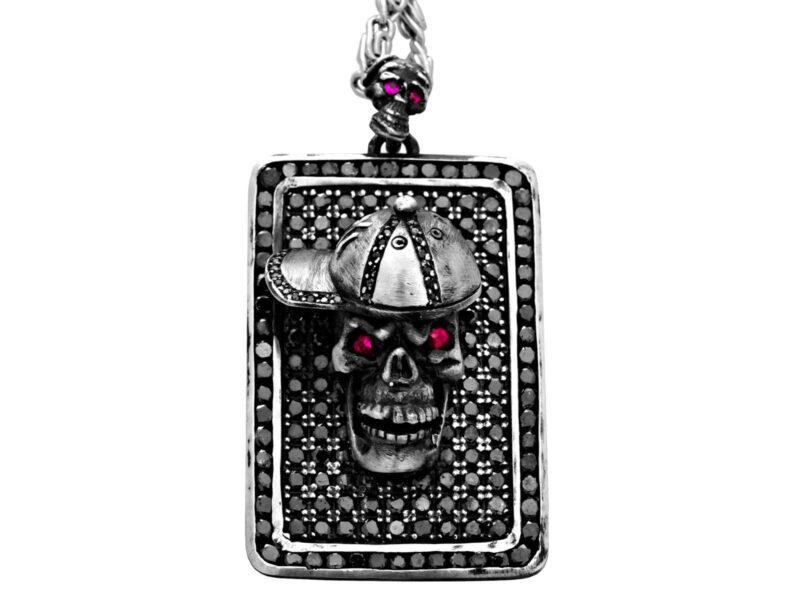 DT102-A The Player Skull Dog Tag in Sterling Silver with Black Diamonds and Rubies, designed by Steve Soffa