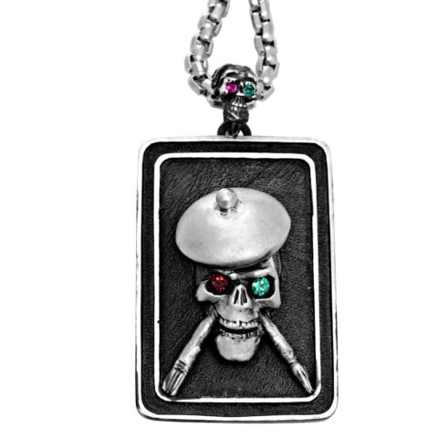 DT104-B The Artist Skull Dog Tag in Sterling Silver with Tsavorite and Ruby, designed by Steve Soffa