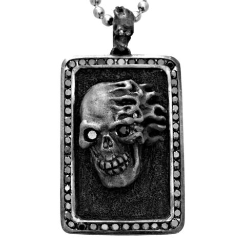 DT190-B Flaming Skull Dog Tag In Sterling Silver with Black Diamonds, designed by Steve Soffa