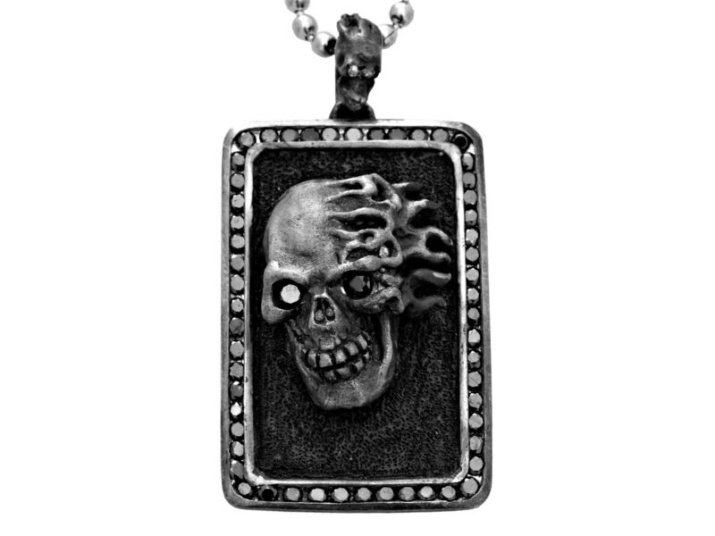 DT190-B Flaming Skull Dog Tag In Sterling Silver with Black Diamonds, designed by Steve Soffa