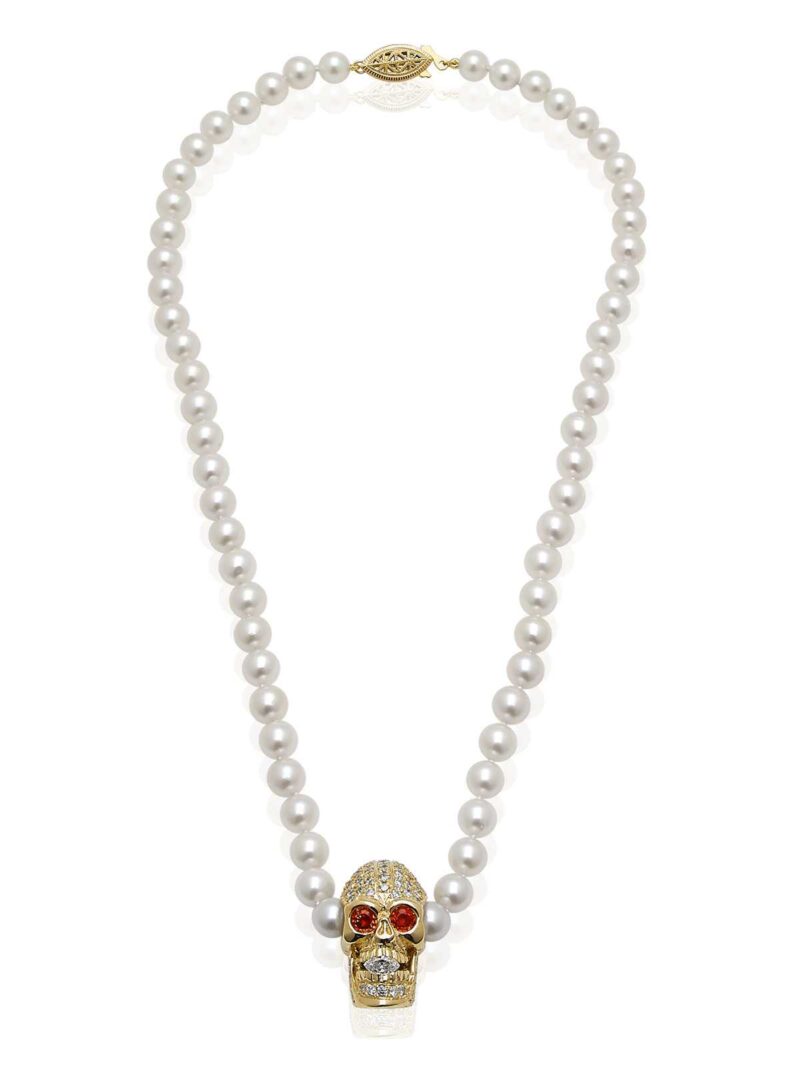 PD811YG Pearls of Persephone Skull Necklace in White Pearl, Yellow Gold with White Diamonds and Orange Sapphires, designed by Steve Soffa