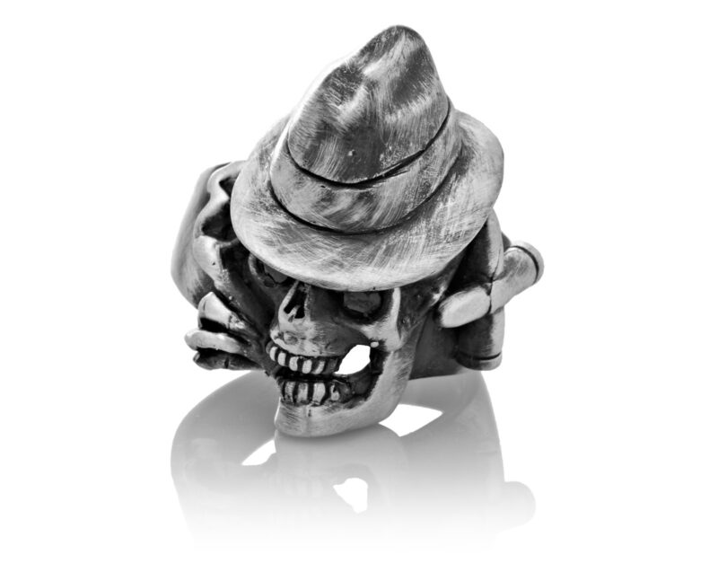 RG100-A The Gangster Skull Ring (Front View) in Sterling Silver with Black Stones, designed by Steve Soffa