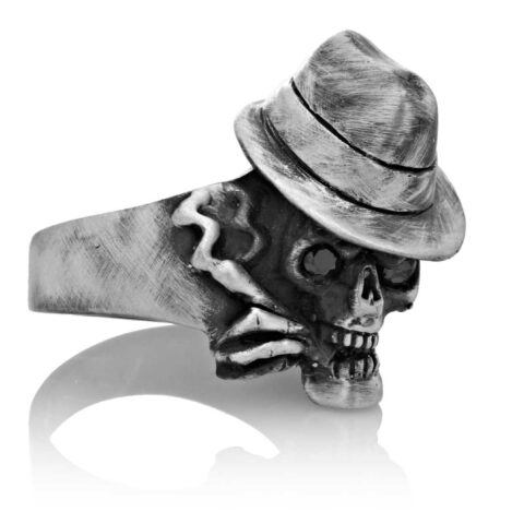 RG100-A The Gangster Skull Ring (Front Side View) in Sterling Silver with Black Stones, designed by Steve Soffa