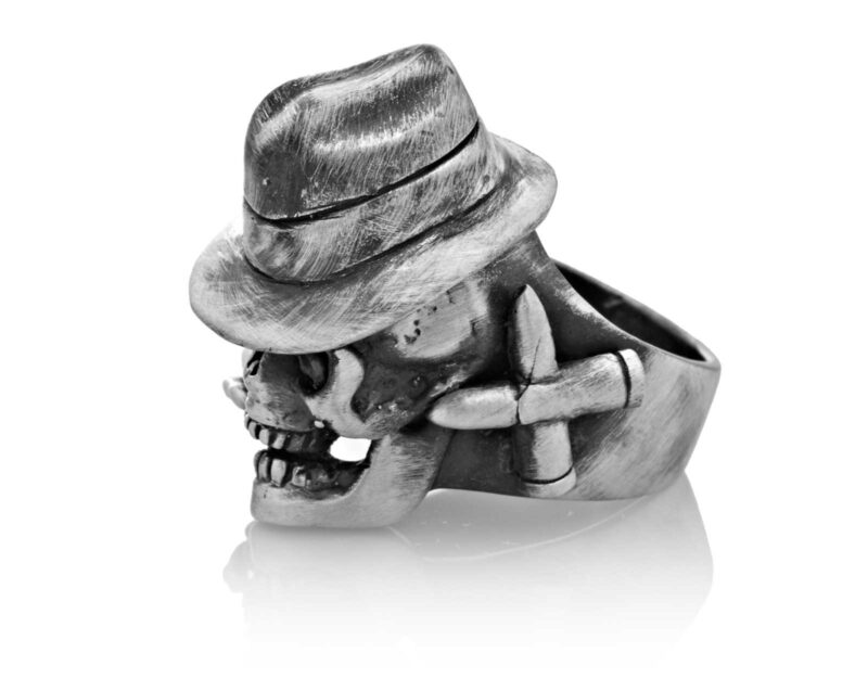 RG100-A The Gangster Skull Ring (Side View) in Sterling Silver with Black Stones, designed by Steve Soffa