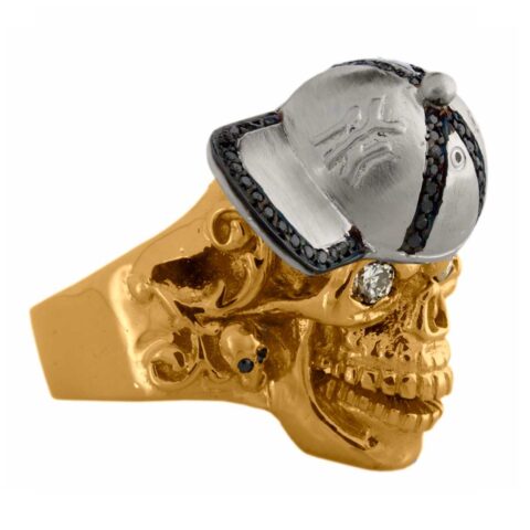 RG1002-B The Player Skull Ring (Right Side View) in Yellow Gold and White Gold, White Diamonds and Black Diamonds, designed by Steve Soffa