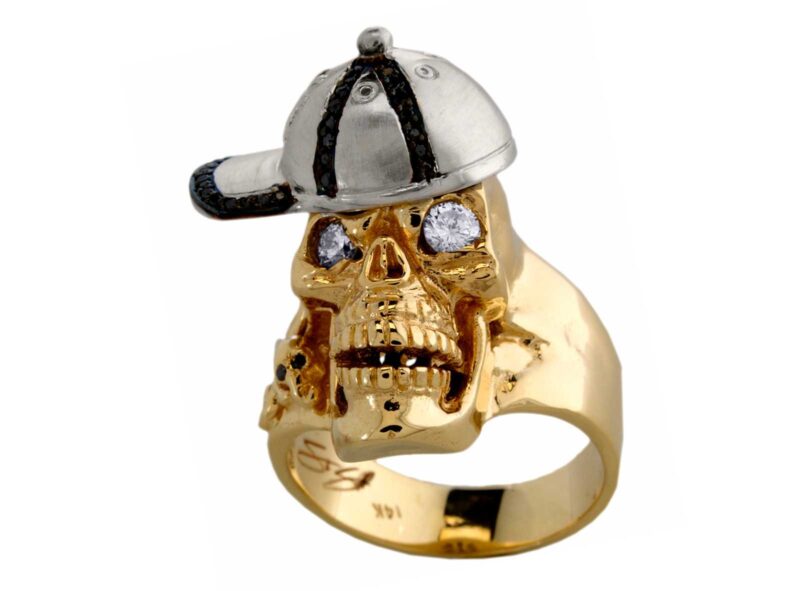 RG1002-B The Player Skull Ring (Bottom Front View) in Yellow Gold and White Gold, White Diamonds and Black Diamonds, designed by Steve Soffa