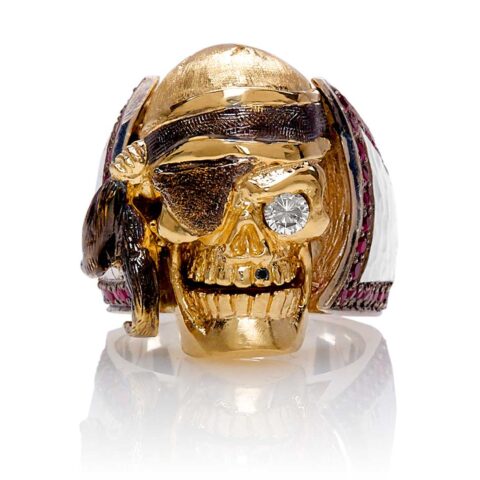 RG1040YGSIL Ol' Jack Danny Skull Ring (Front View) in Yellow/Rose Gold and Silver, with Rubies and Black/White Diamonds, designed by Steve Soffa