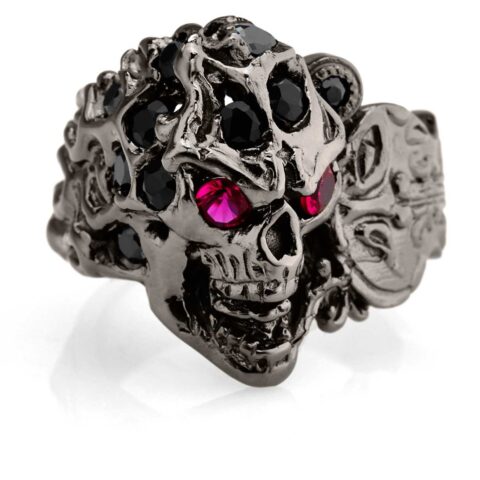 RG108BK-RD-BK The Rock Star Skull Ring (Front Side View) in Rhodium Plated Sterling Silver with Black & Red Stones (Black Collection)