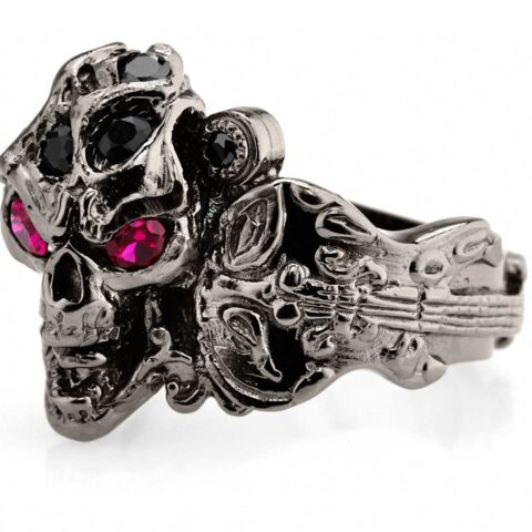 RG108BK-RD-BK The Rock Star Skull Ring (Back View) in Rhodium Plated Sterling Silver with Black & Red Stones (Black Collection)
