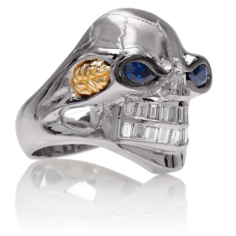 RG3020WH-B Monstrous Max Skull Ring (Front Side View) in White Gold Blue Sapphire eyes, designed by Steve Soffa