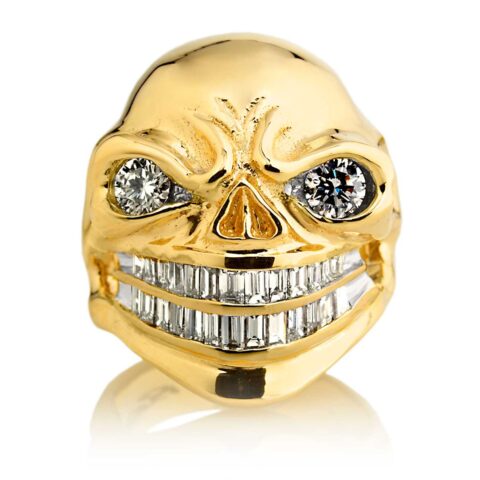 RG3024YG Sinister Sid Skull Ring (Front View) in Yellow Gold with White Diamonds, designed by Steve Soffa