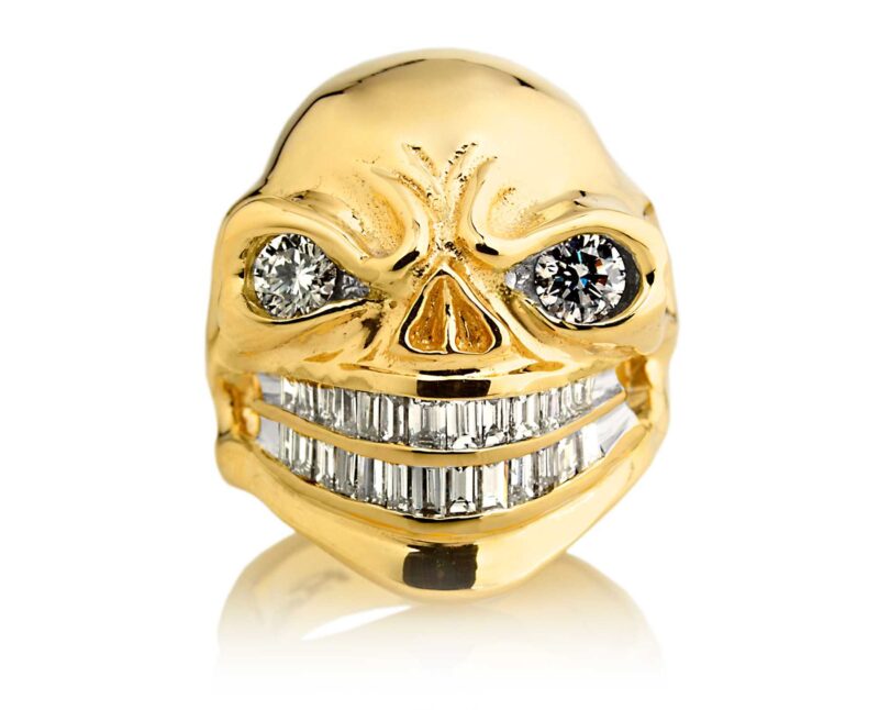 RG3024YG Sinister Sid Skull Ring (Front View) in Yellow Gold with White Diamonds, designed by Steve Soffa