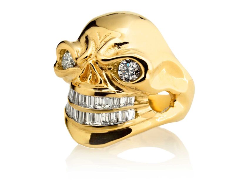 RG3024YG Sinister Sid Skull Ring (Front Side View) in Yellow Gold with White Diamonds, designed by Steve Soffa