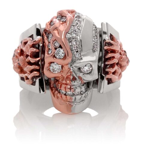 RG5000-A Two Face skull ring bi-color (Front View) in Rose and White Gold with White and Black Diamonds, designed by Steve Soffa