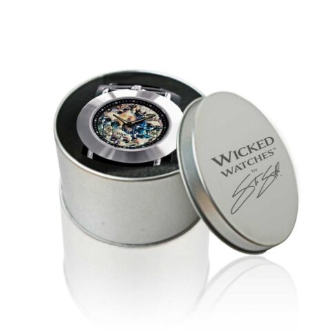 WW1002 Wicked Skull Fusion Watch (4-D Artwork) in silver watch tin, designed by Steve Soffa