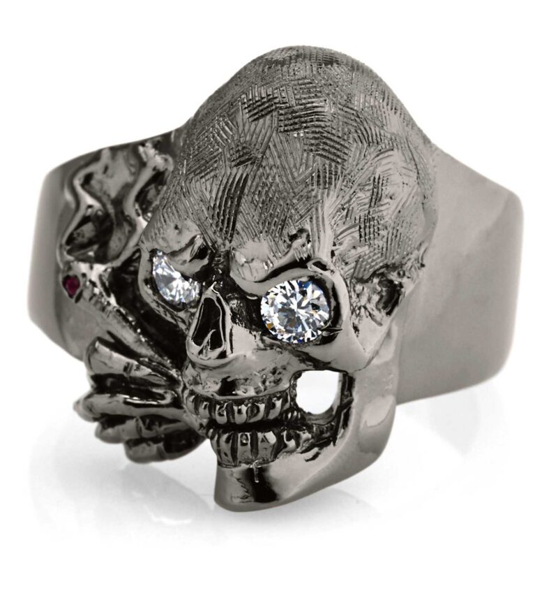 RG100BK-WHT The Clarence Catskills skull ring is cast in 27 grams 999 Sterling Silver with white synthetic stones, designed by Steve Soffa