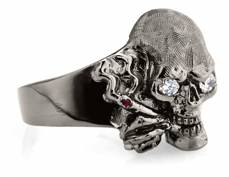 RG100BK-WHT The Clarence Catskills skull ring is cast in 27 grams 999 Sterling Silver with white synthetic stones, designed by Steve Soffa