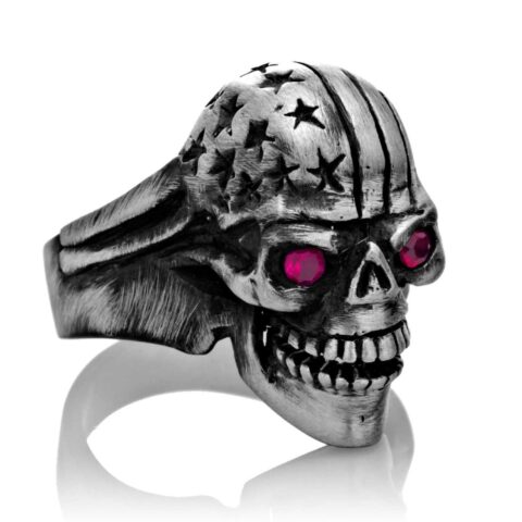 RG106-B The Freedom Rider Jewelry Skull Ring (Front Right Side View) in Sterling Silver with Red Stones, designed by Steve Soffa