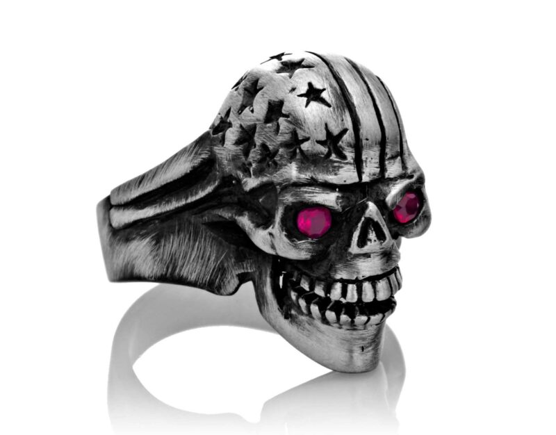 RG106-B The Freedom Rider Jewelry Skull Ring (Front Right Side View) in Sterling Silver with Red Stones, designed by Steve Soffa