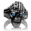 RG106-A The Freedom Rider Jewelry Skull Ring (Front View) in Silver with Blue Stones, designed by Steve Soffa