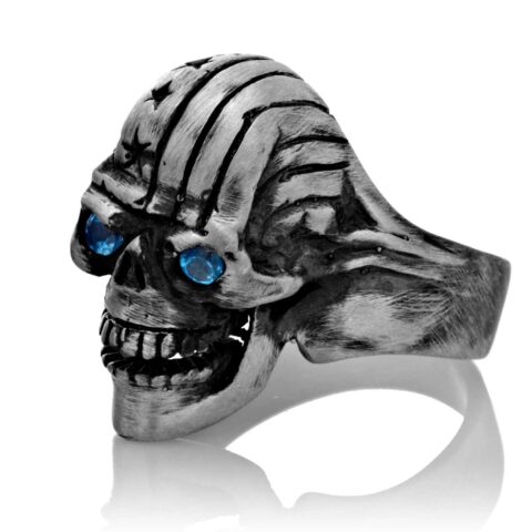 RG106-A The Freedom Rider Skull Ring (Left Front Side View) in Silver with Blue Stones, designed by Steve Soffa