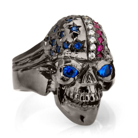 RG106BK-BL The Freedom Rider Skull Ring (Right Front View) in Rhodium Plated Sterling Silver in Blue Stones, with Blue, White & Red (Black Collection), designed by Steve Soffa