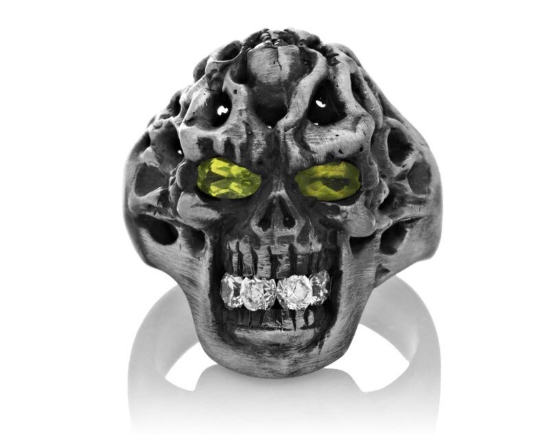 RG114-A Brainiac Skull Ring (Front View) in Sterling Silver with White and Green Stones, designed by Steve Soffa