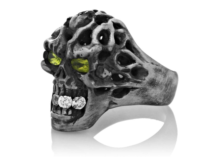 RG114-A Brainiac Skull Ring (Left Side View) in Sterling Silver with White and Green Stones, designed by Steve Soffa