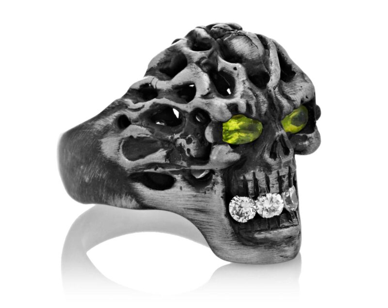 RG114-A Brainiac Skull Ring (Right Side View) in Sterling Silver with White and Green Stones, designed by Steve Soffa