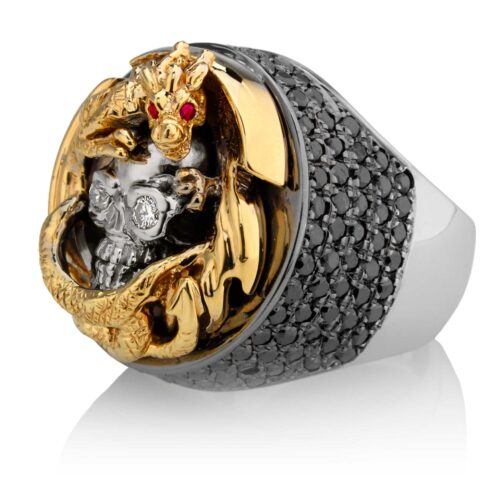 RG2508YG-WHT-BK-RD Dragon Of Deception Skull Ring (Left Side View) in Yellow Gold with White & Black Diamonds & Red Stones, designed by Steve Soffa