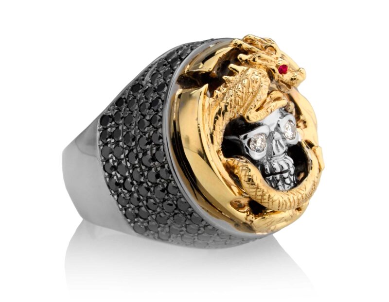 RG2508YG-WHT-BK-RD Dragon Of Deception Skull Ring (Right Side View) in Yellow Gold with White & Black Diamonds & Red Stones, designed by Steve Soffa