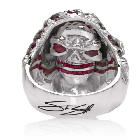 RG3022WG-A Blazing Bruno Skull Ring (Back View / Gallery) in White Gold with Rubies, designed by Steve Soffa