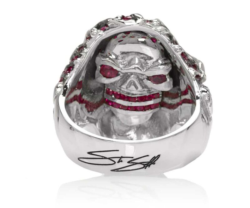 RG3022WG-A Blazing Bruno Skull Ring (Back View / Gallery) in White Gold with Rubies, designed by Steve Soffa