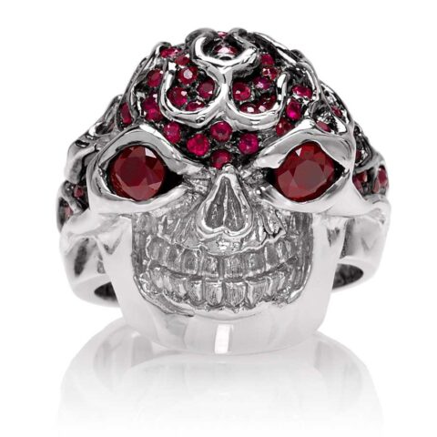 RG3022WG-A Blazing Bruno Skull Ring (Front View) in White Gold with Rubies, designed by Steve Soffa