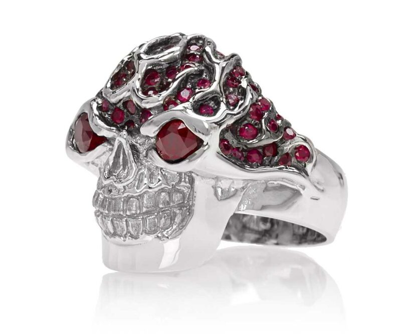 RG3022WG-A Blazing Bruno Skull Ring (Front Side View) in White Gold with Rubies, designed by Steve Soffa