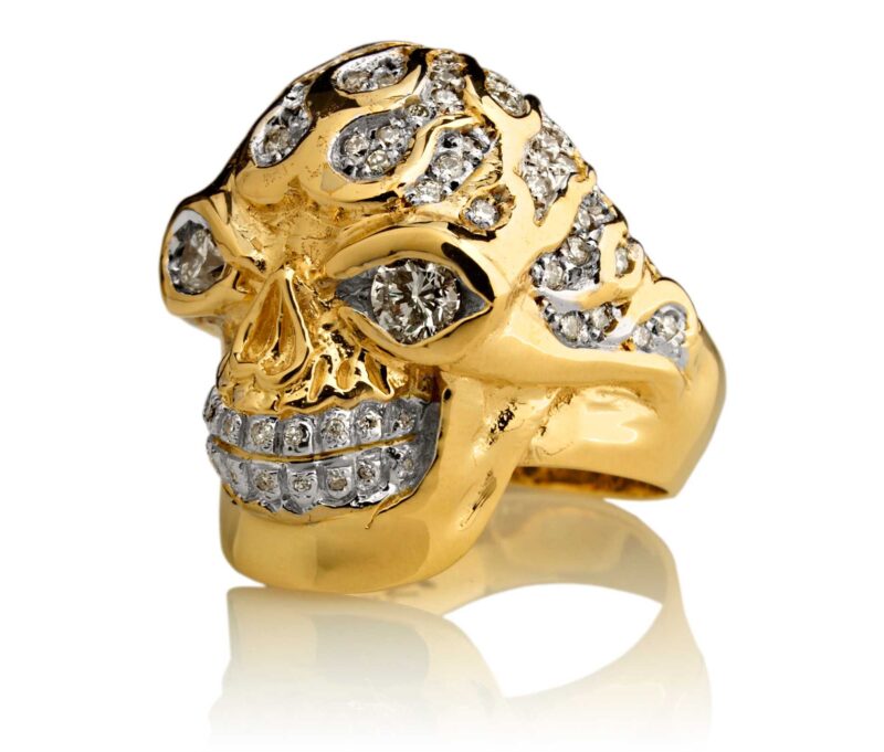 RG3022YG-A Blazing Bruno Skull Ring (Front Side View) in Yellow Gold with White Diamonds, designed by Steve Soffa