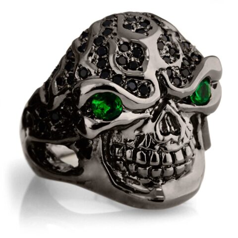 RG322-BK-GRN-BK Blazing Bruno Skull Ring (Side View) in Sterling Silver in Green & Black Stones (Black Collection), designed by Steve Soffa