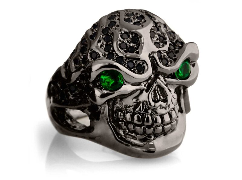 RG322-BK-GRN-BK Blazing Bruno Skull Ring (Side View) in Sterling Silver in Green & Black Stones (Black Collection), designed by Steve Soffa