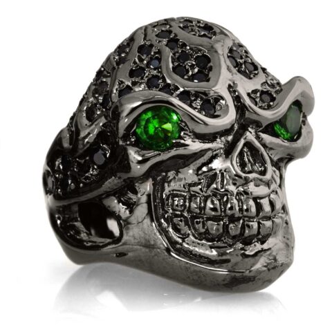 RG322-BK-GRN-BK Blazing Bruno Skull Ring (Side View) in Sterling Silver in Green & Black Stones (Black Collection), designed by Steve Soffa