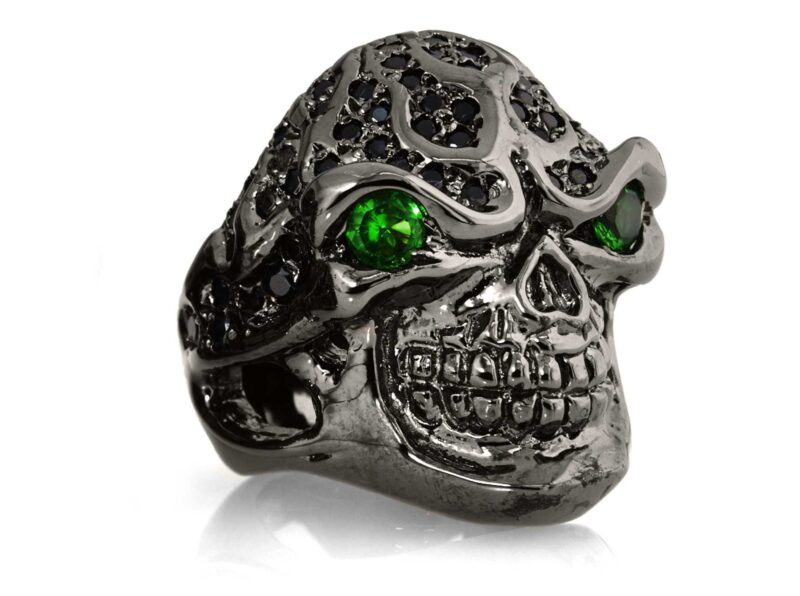 RG322-BK-GRN-BK Blazing Bruno Skull Ring (Side View) in Sterling Silver in Green & Black Stones (Black Collection), designed by Steve Soffa