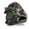 RG322-BK-GRN-BK Blazing Bruno Skull Ring (Side View) in Sterling Silver in Green & Black Stones (Black Collection), designed by Steve Soffa