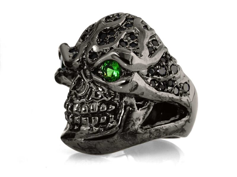 RG322-BK-GRN-BK Blazing Bruno Skull Ring (Side View) in Sterling Silver in Green & Black Stones (Black Collection), designed by Steve Soffa